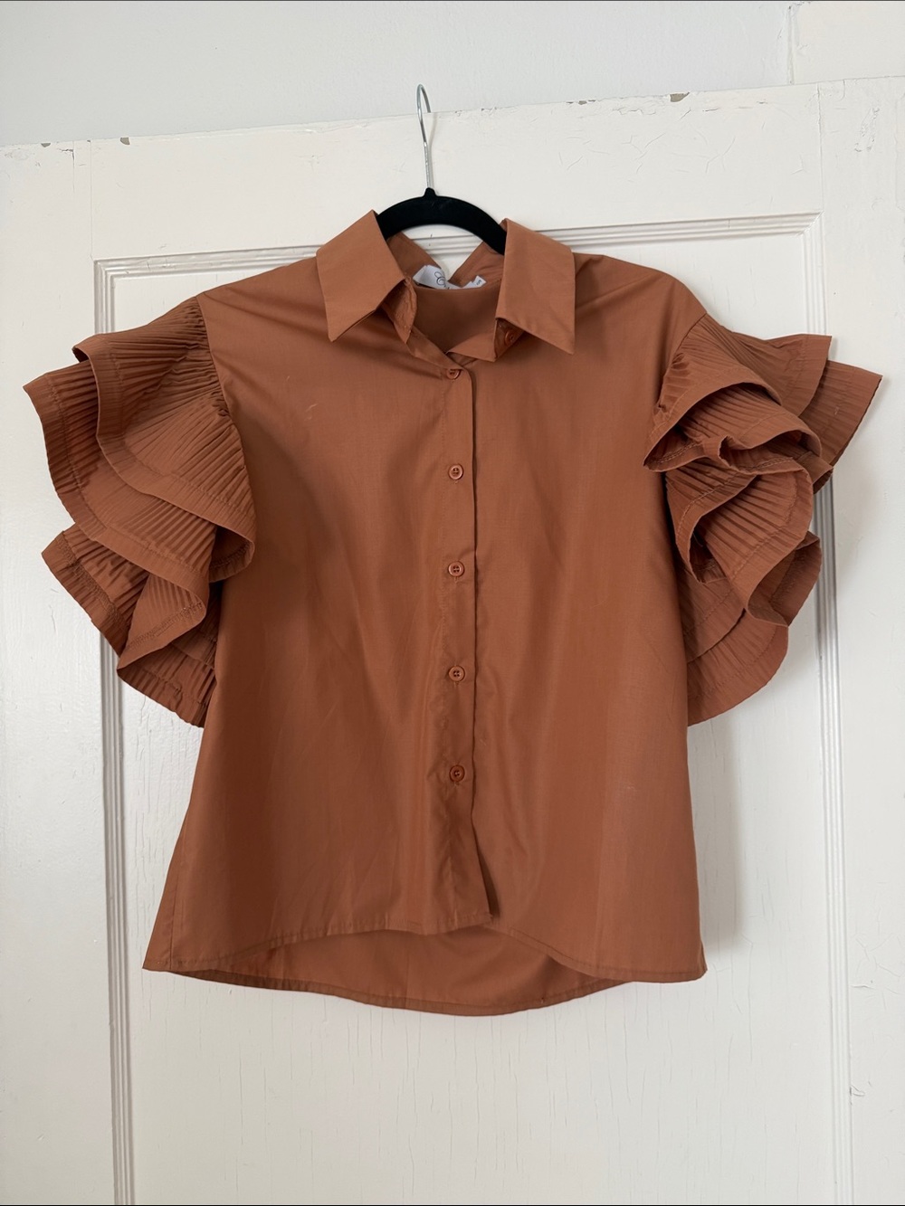 Women’s Ruffle Sleeve Button-Down Top - Rust/Burnt Orange